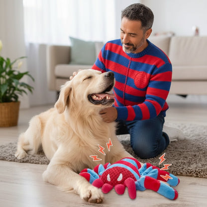 FURRYKU Teddy Spider Dog Toy in red and blue, with squeaker and dental cleaning texture.