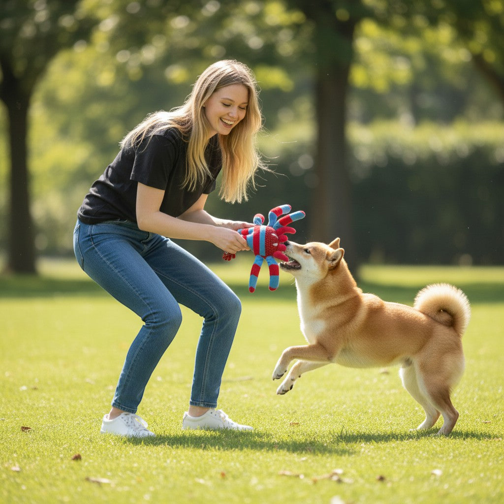 FURRYKU red and blue teddy spider dog toy with squeaker, bite-resistant fabric for dental cleaning.