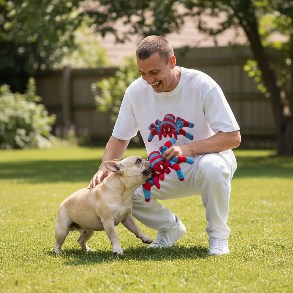 FURRYKU Teddy Spider Dog Toy, red and blue, bite-resistant fabric with squeaker for dental cleaning and anxiety relief.