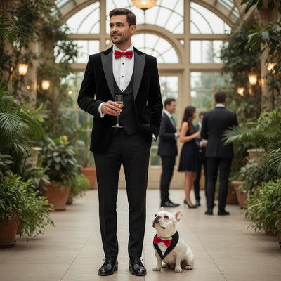FURRYKU white French Bulldog wearing a red bow tie and black tuxedo collar for formal events.