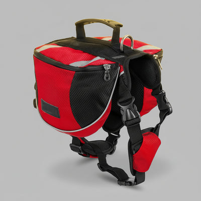 FURRYKU red and black dog hiking backpack with adjustable straps and reflective trim for outdoor adventures.