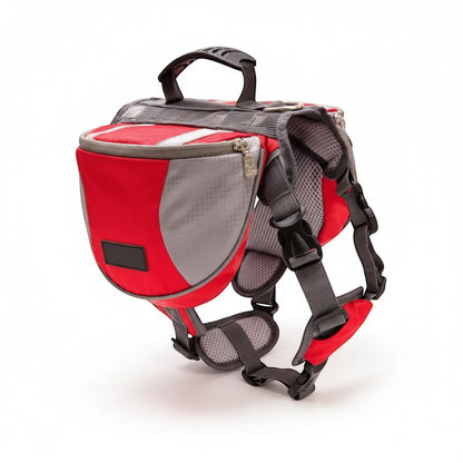 FURRYKU red and grey adjustable dog hiking backpack with mesh padding and reflective trim.