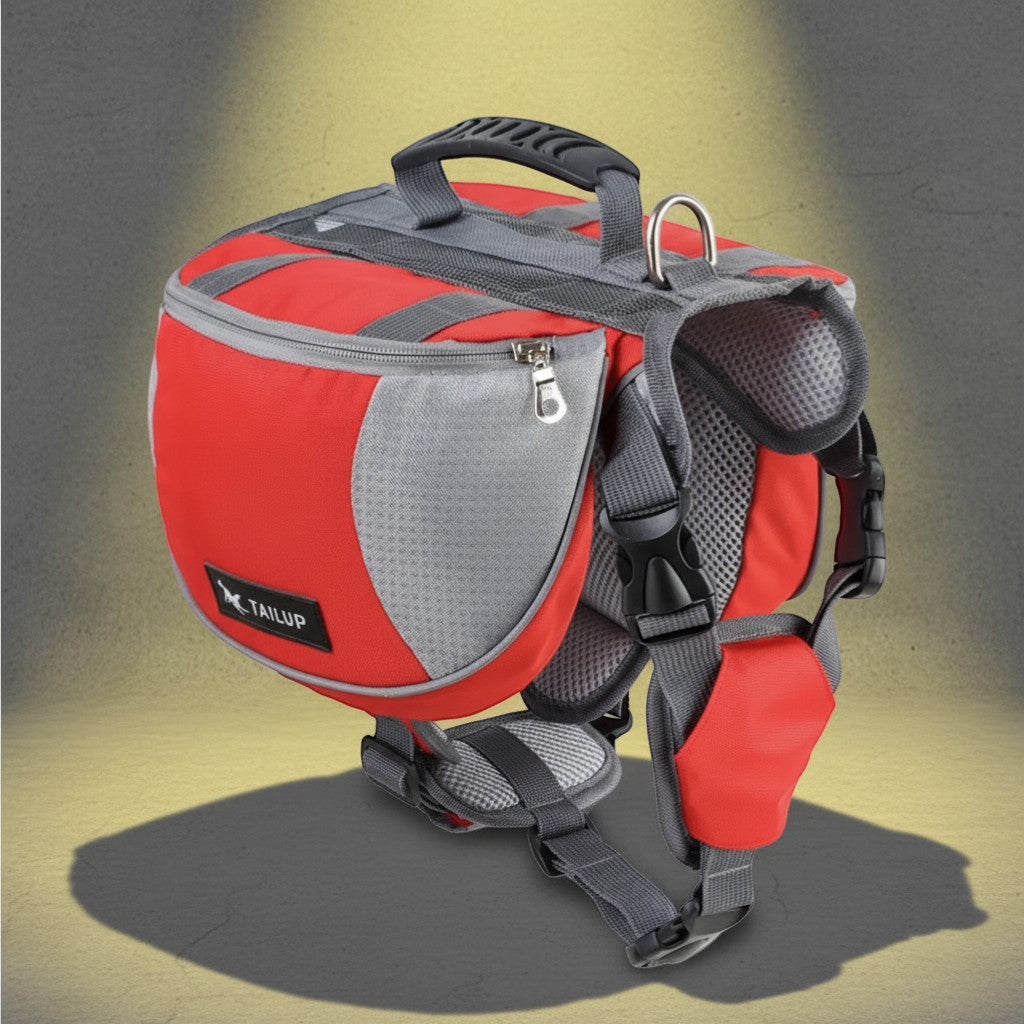 FURRYKU red and grey adjustable dog hiking backpack with mesh padding and reflective trim.