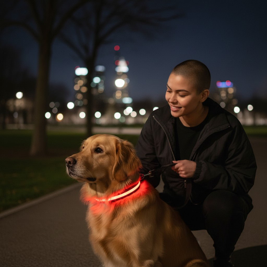 FURRYKU red LED dog collar made of reflective nylon, USB rechargeable for night safety.