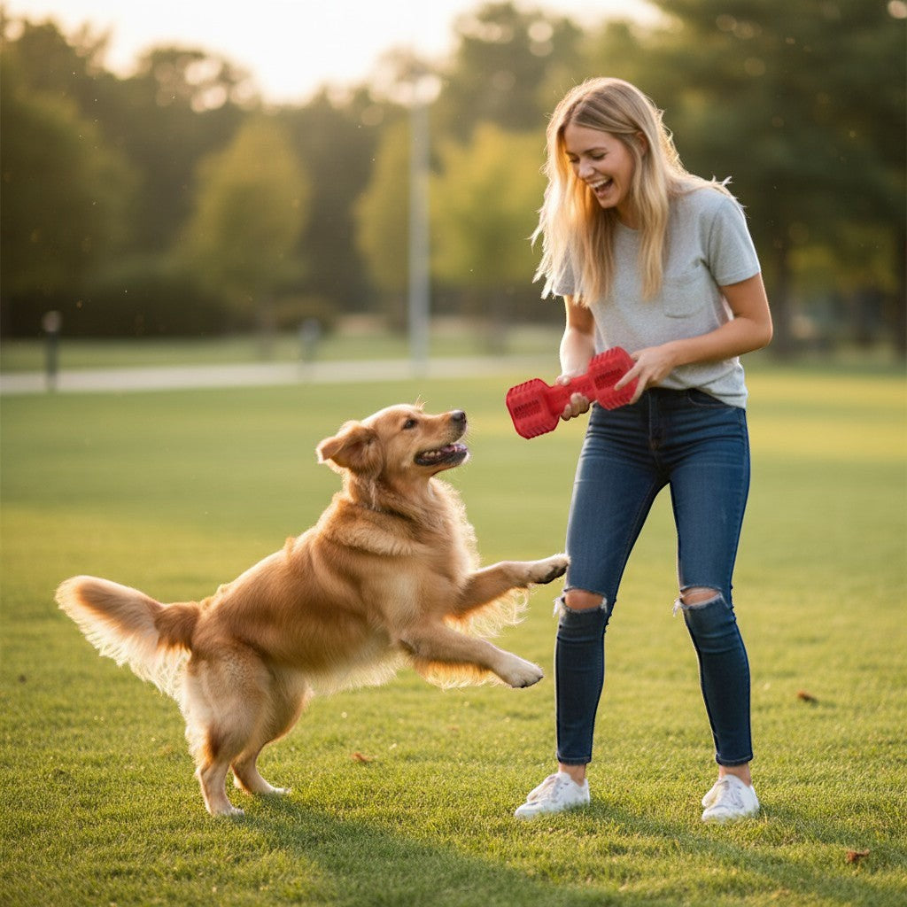 FURRYKU red rubber dumbbell dog toy with textured ends for dental cleaning and treat dispensing.