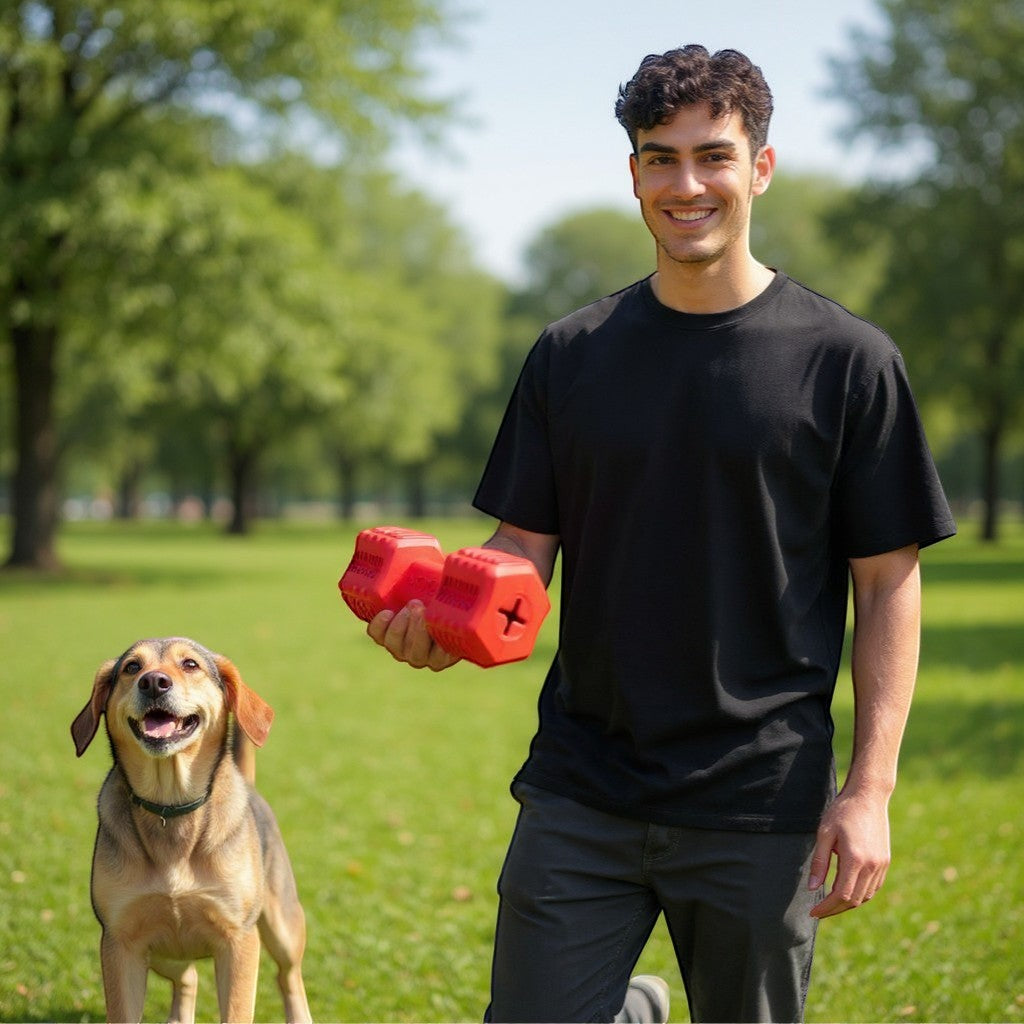 FURRYKU red rubber dumbbell dog toy with textured ends for dental cleaning and treat dispensing.