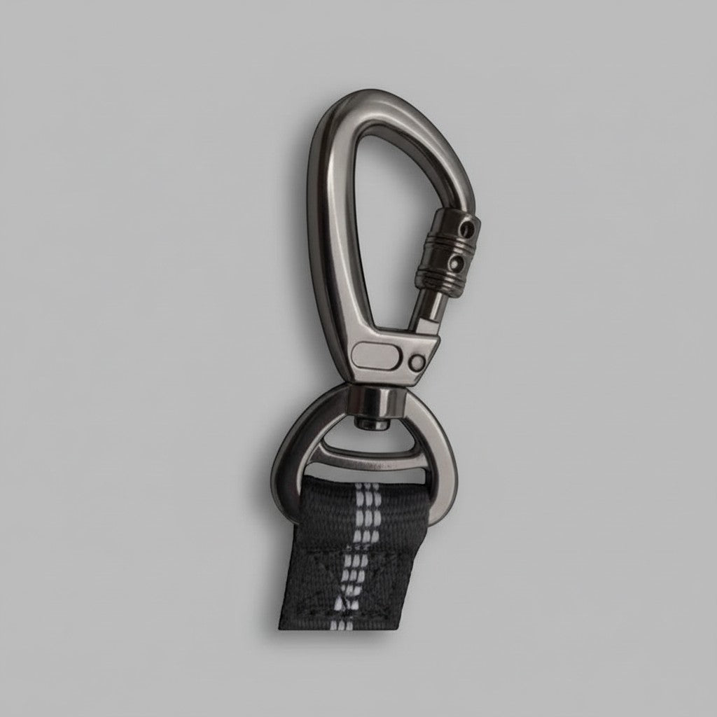 FURRYKU black adjustable dog car seat belt with zinc alloy swivel snap and reflective stitching.