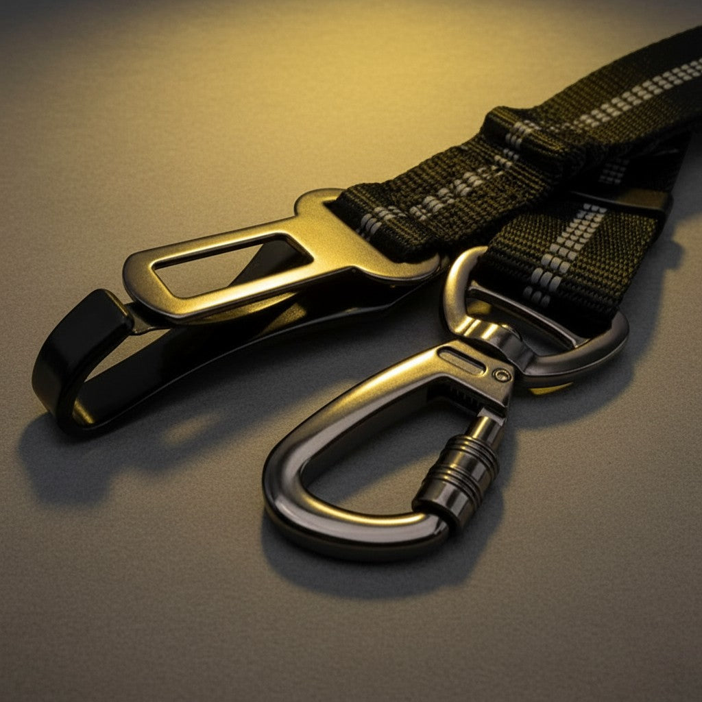 FURRYKU black adjustable dog car seat belt with zinc alloy buckle and carabiner clip, reflective stitching.