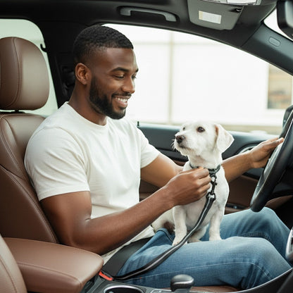 FURRYKU black adjustable dog car seat belt with elastic shock-absorption and reflective stitching.