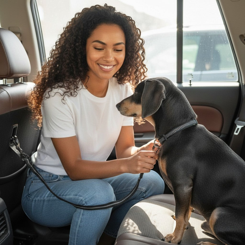 FURRYKU black retractable dog car seat belt with elastic shock-absorption and zinc-alloy clip for universal fit.