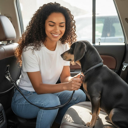 FURRYKU black retractable dog car seat belt with elastic shock-absorption and zinc-alloy clip for universal fit.