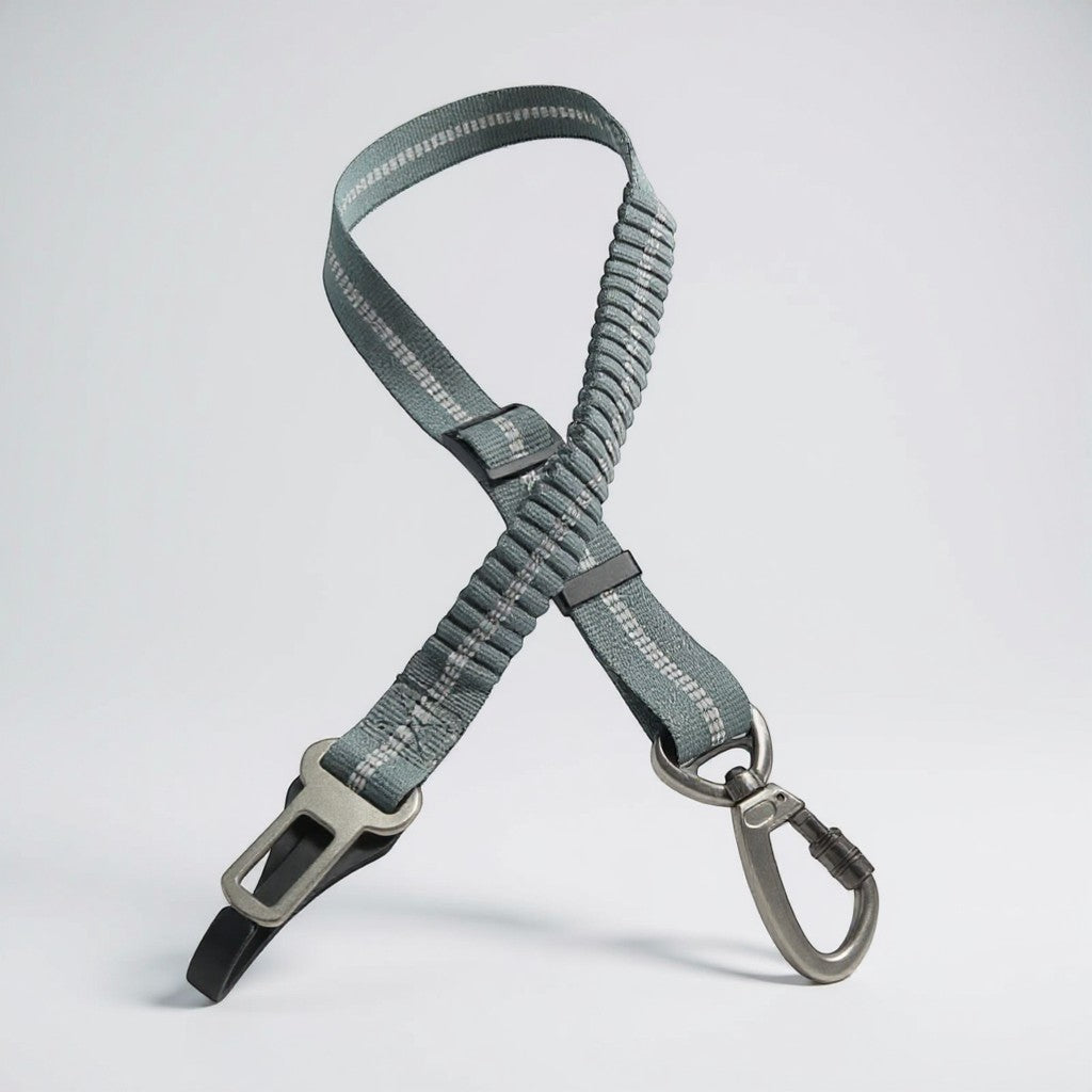 FURRYKU grey adjustable retractable dog car seat belt with elastic shock-absorption and zinc alloy clip.