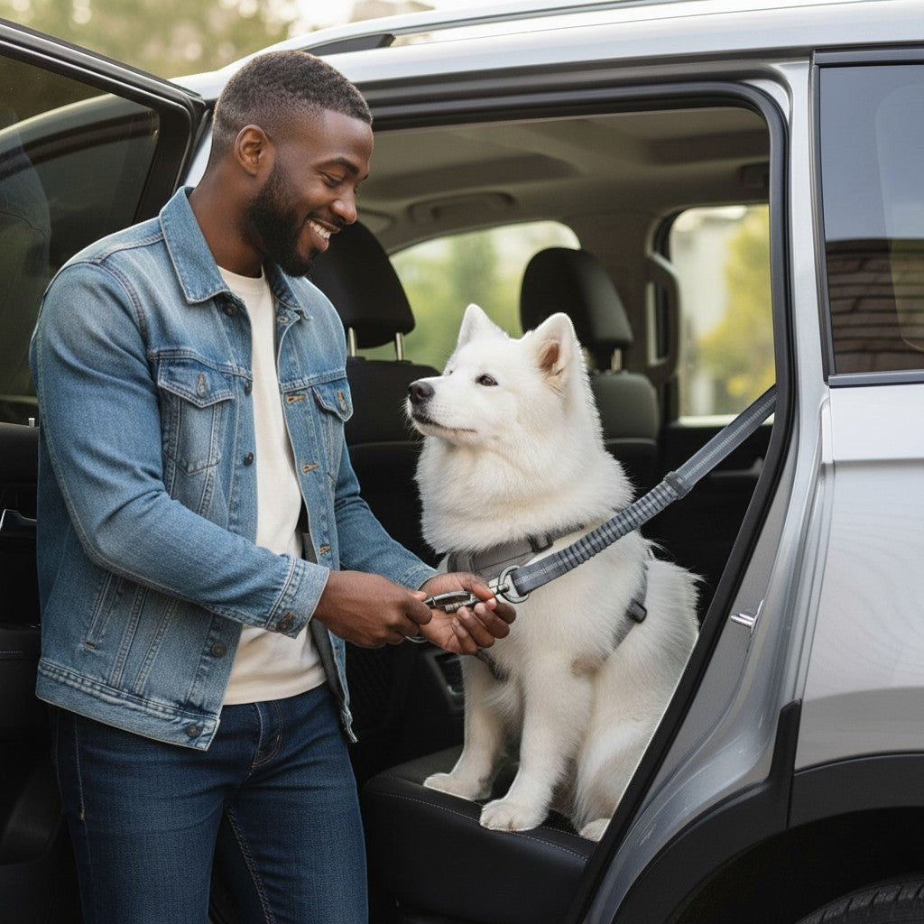 FURRYKU grey adjustable retractable dog car seat belt with elastic shock-absorption and reflective stitching.