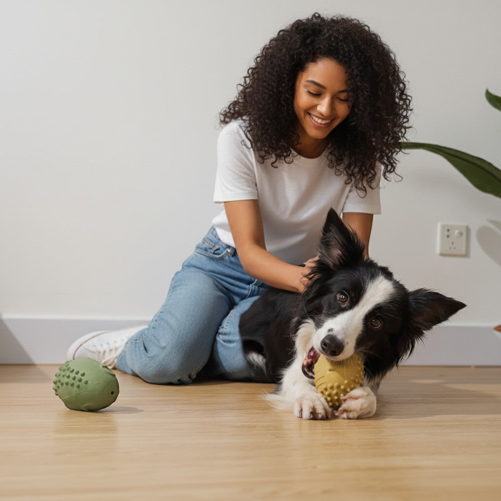 FURRYKU Retro Mask dog toy in light turmeric rubber, textured for dental health and with a squeaker.