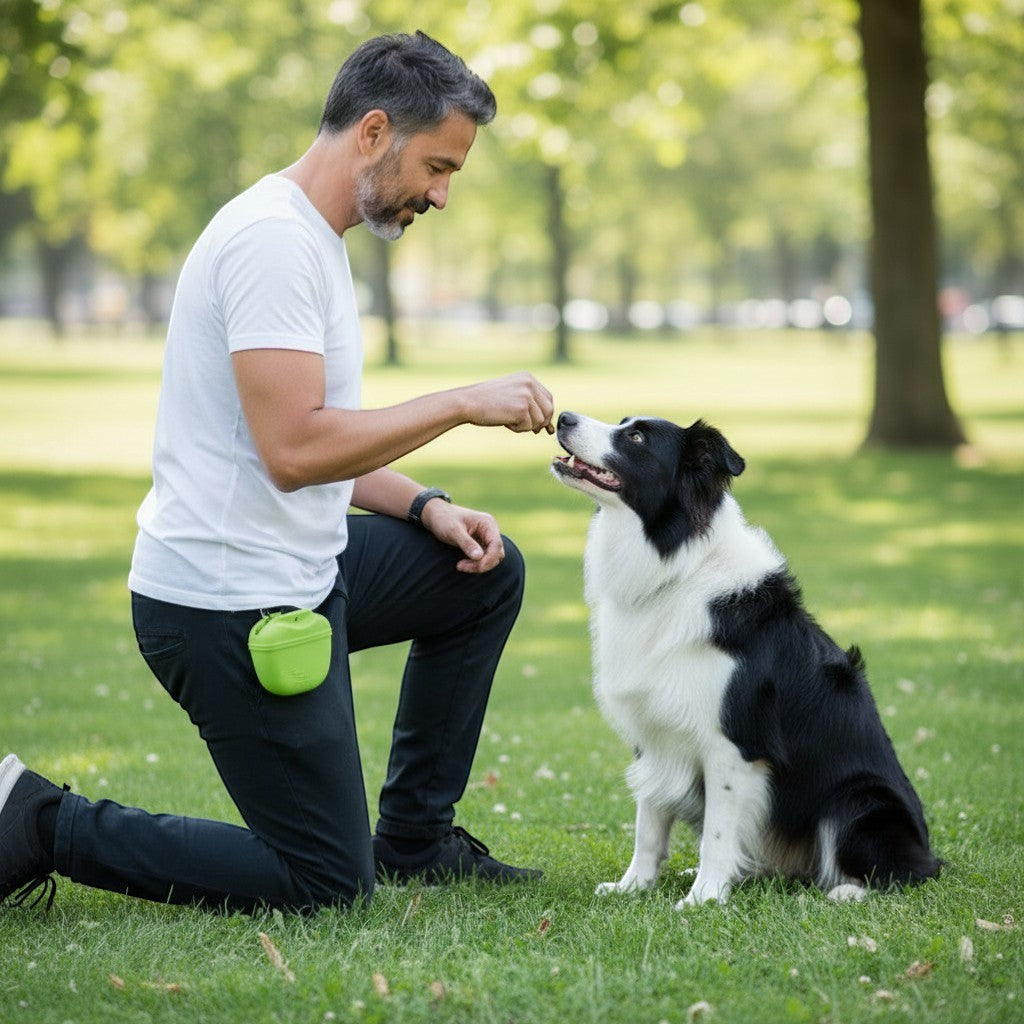 FURRYKU lime green and light blue silicone dog treat waist bag with magnetic closure for training.