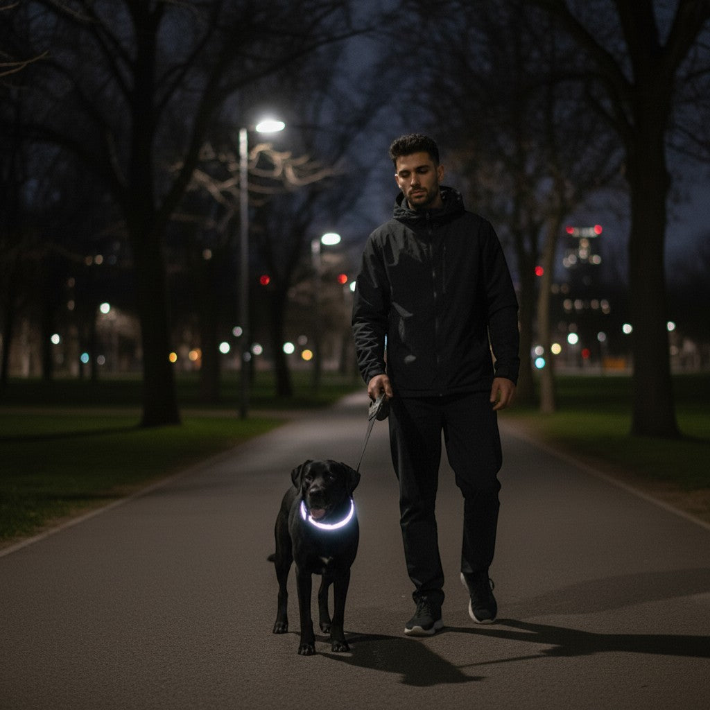 FURRYKU black nylon dog collar with white reflective strip and solar panel charging unit. USB rechargeable for safety.