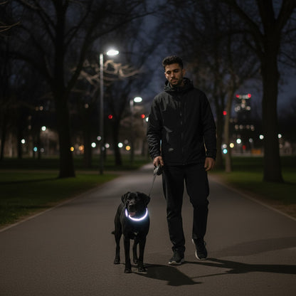 FURRYKU black nylon dog collar with white reflective strip and solar panel charging unit. USB rechargeable for safety.