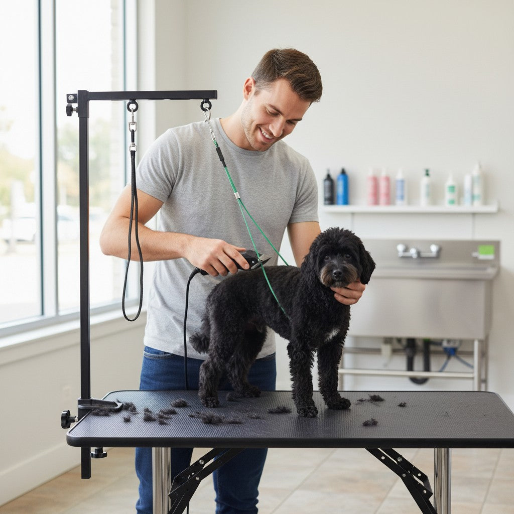FURRYKU stainless steel dog grooming support arm with adjustable clamp and grooming loop for stable pet styling.