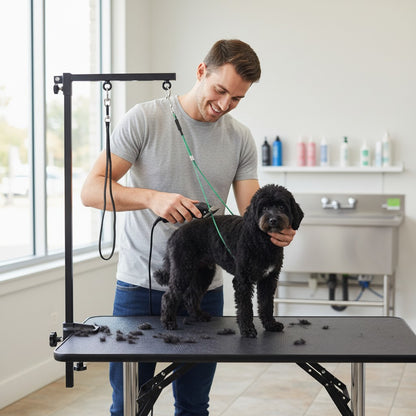 FURRYKU stainless steel dog grooming support arm with adjustable clamp and grooming loop for stable pet styling.