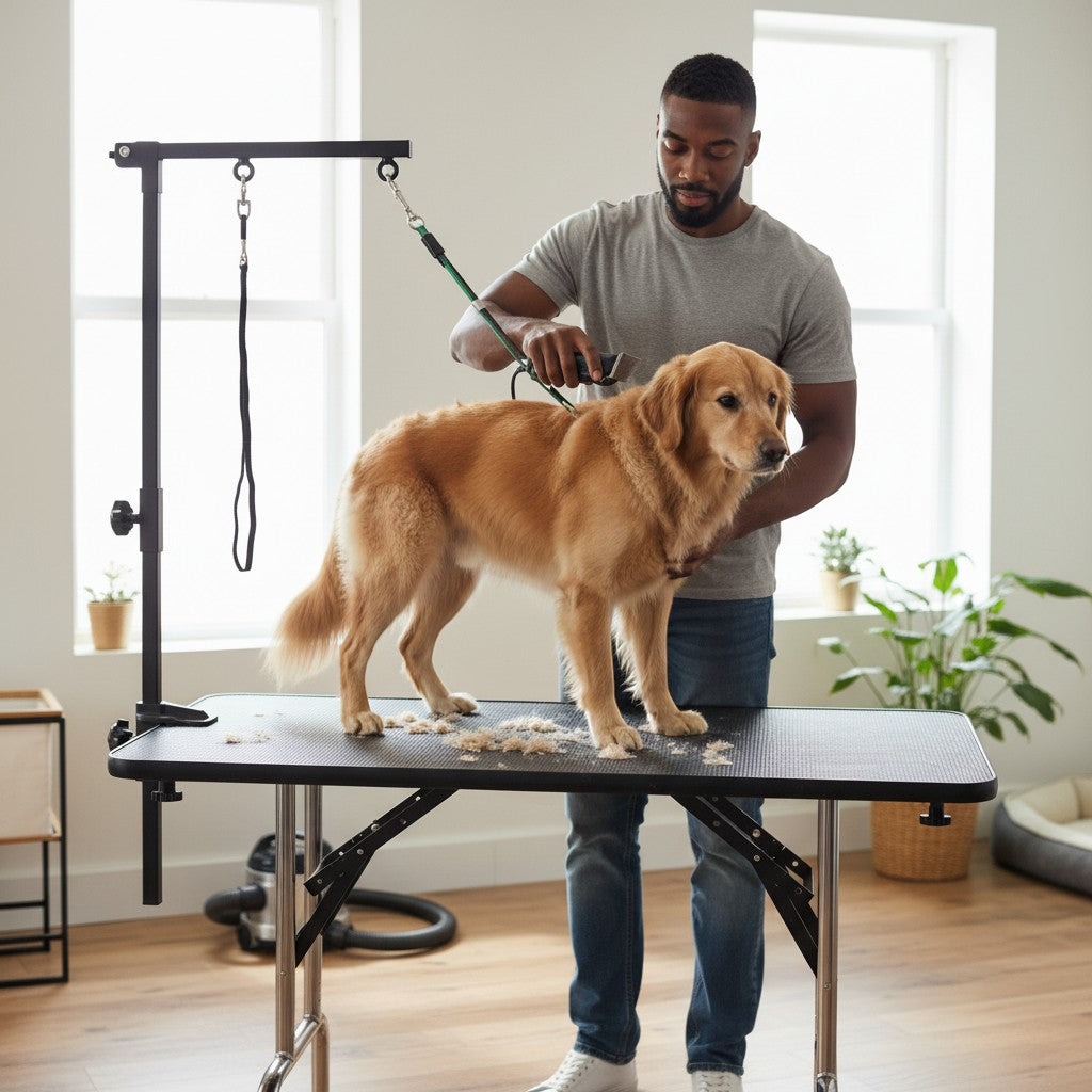 FURRYKU stainless steel dog grooming support arm with adjustable clamp and grooming loop for stable pet styling.