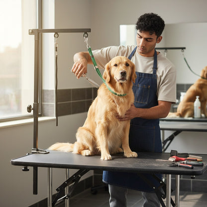 FURRYKU stainless steel dog grooming support arm with adjustable clamp and grooming loop for stable pet styling.