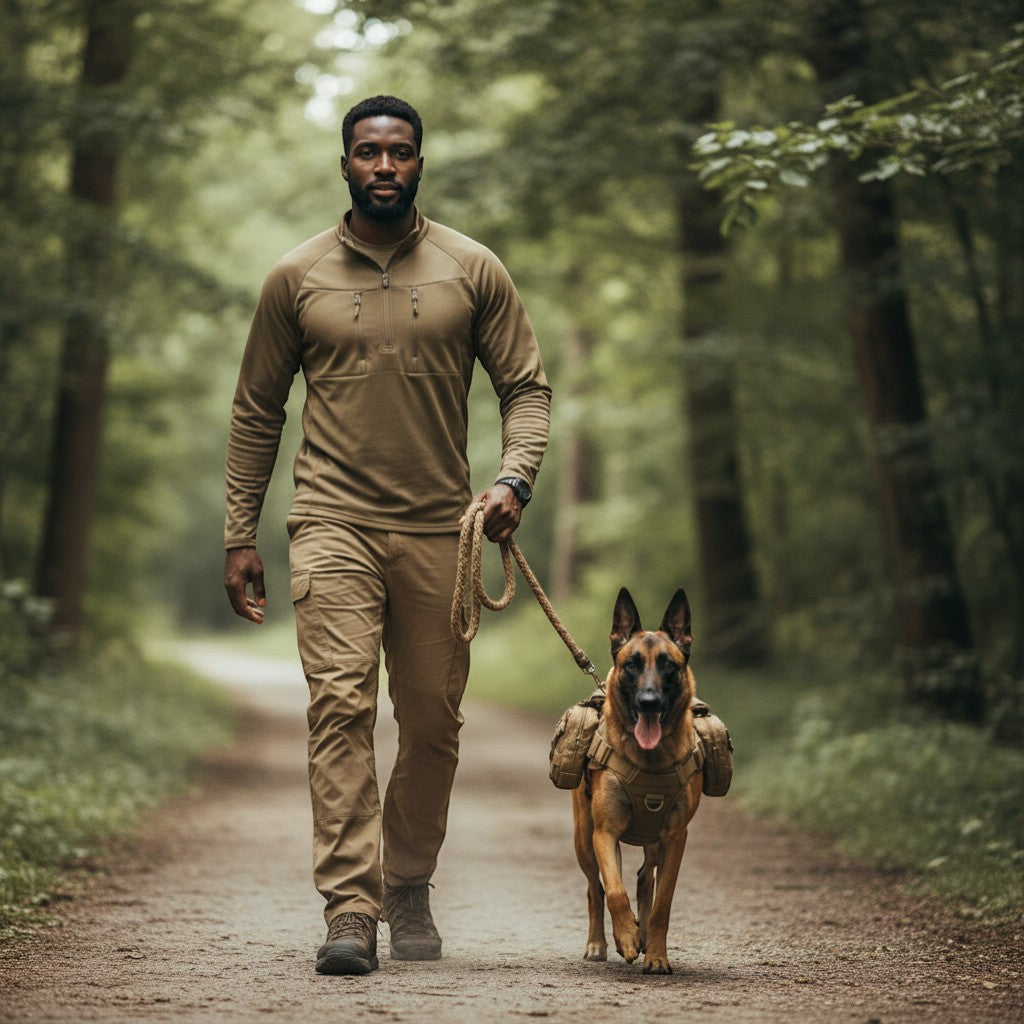 FURRYKU tactical dog harness in tan nylon with Molle system, pouches, and "Service Dog Working" patch.