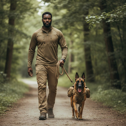 FURRYKU tactical dog harness in tan nylon with Molle system, pouches, and "Service Dog Working" patch.