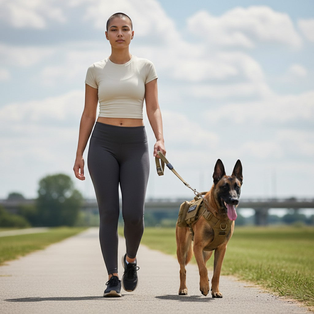 FURRYKU tactical dog harness in tan, made of durable nylon with Molle webbing and adjustable straps for training and service dogs.