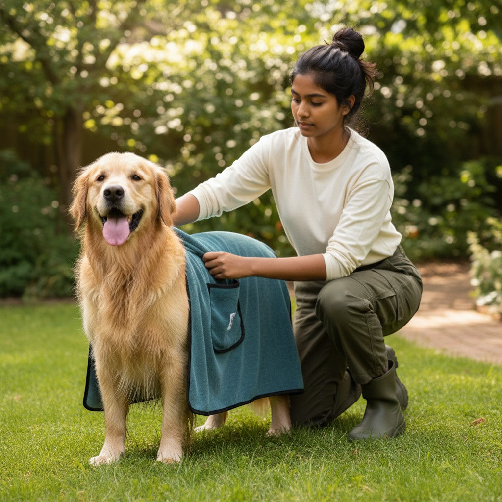 FURRYKU teal microfiber dog towel with black trim and pocket, extra large for quick drying.