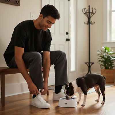 FURRYKU white anti-spill dog water bowl with floating plate technology and non-slip base, shown with a Boston Terrier.