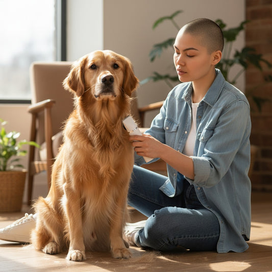 FURRYKU white cordless electric pet grooming clipper with interchangeable heads and USB charging.