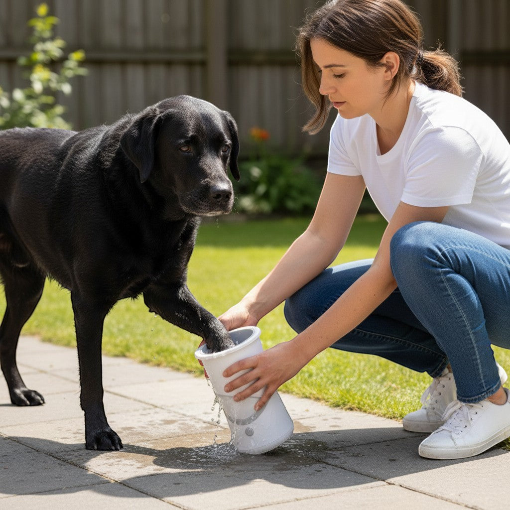FURRYKU white electric dog paw cleaner with grey silicone bristles and power button.