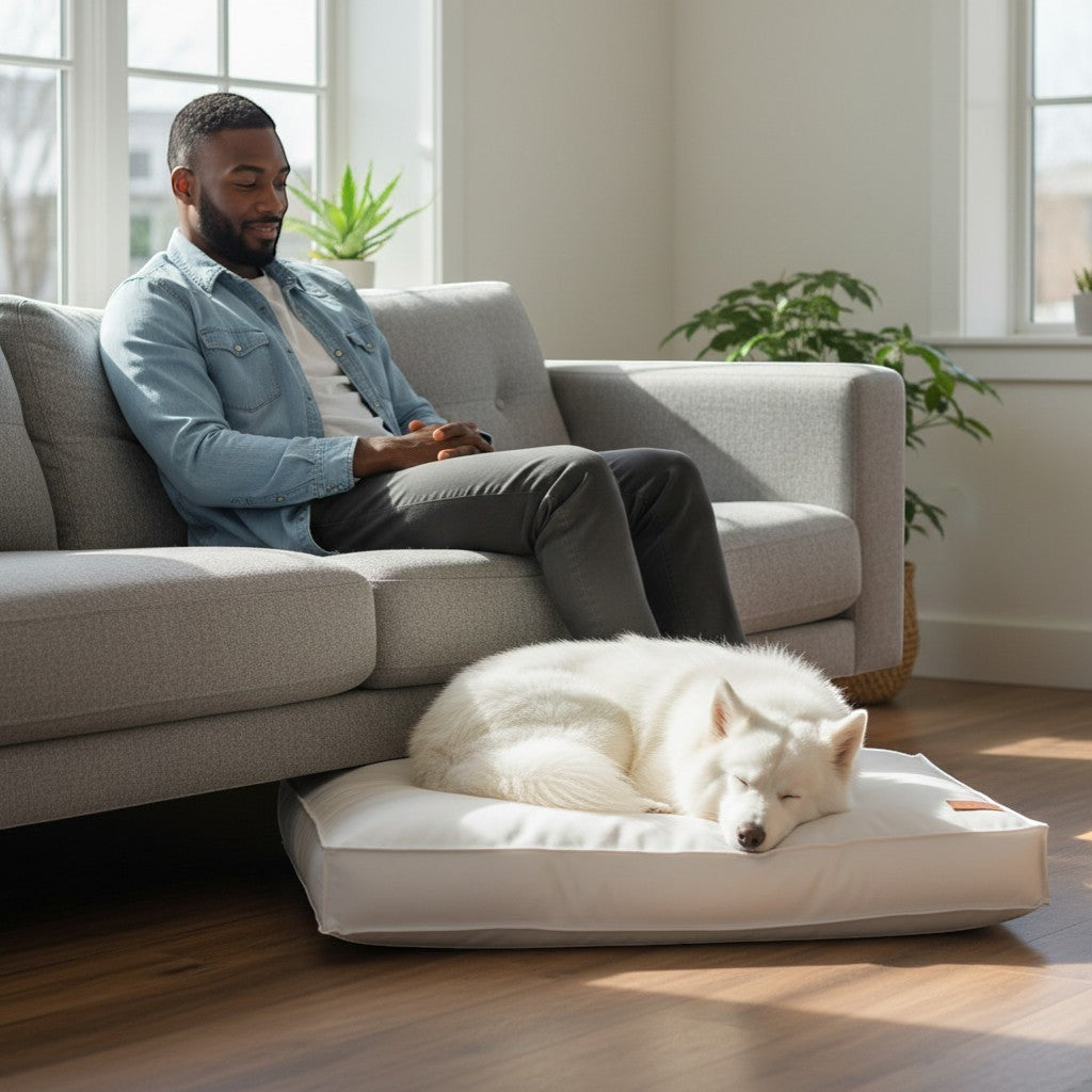 FURRYKU white waterproof memory foam pet bed with orthopaedic support and non-slip base.