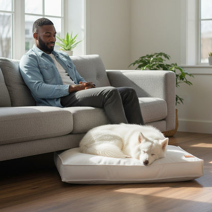 FURRYKU white waterproof memory foam pet bed with orthopaedic support and non-slip base.