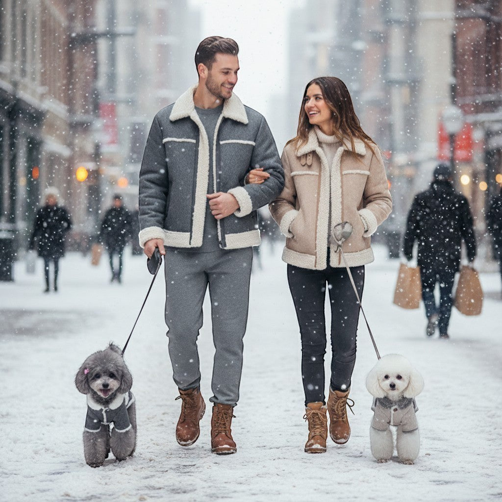 FURRYKU grey and light beige dog jackets with white sherpa trim, designed for small dogs in winter.