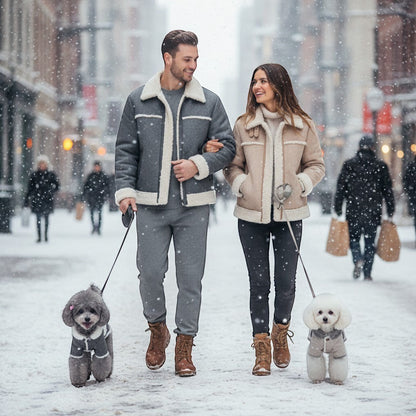 FURRYKU grey and light beige dog jackets with white sherpa trim, designed for small dogs in winter.