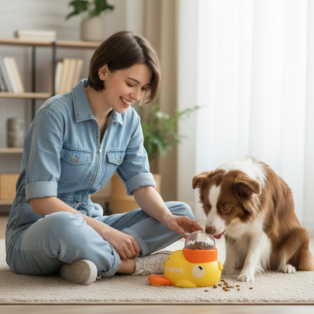 FURRYKU yellow duck interactive dog puzzle feeder made of plastic, dispenses treats to enhance concentration.