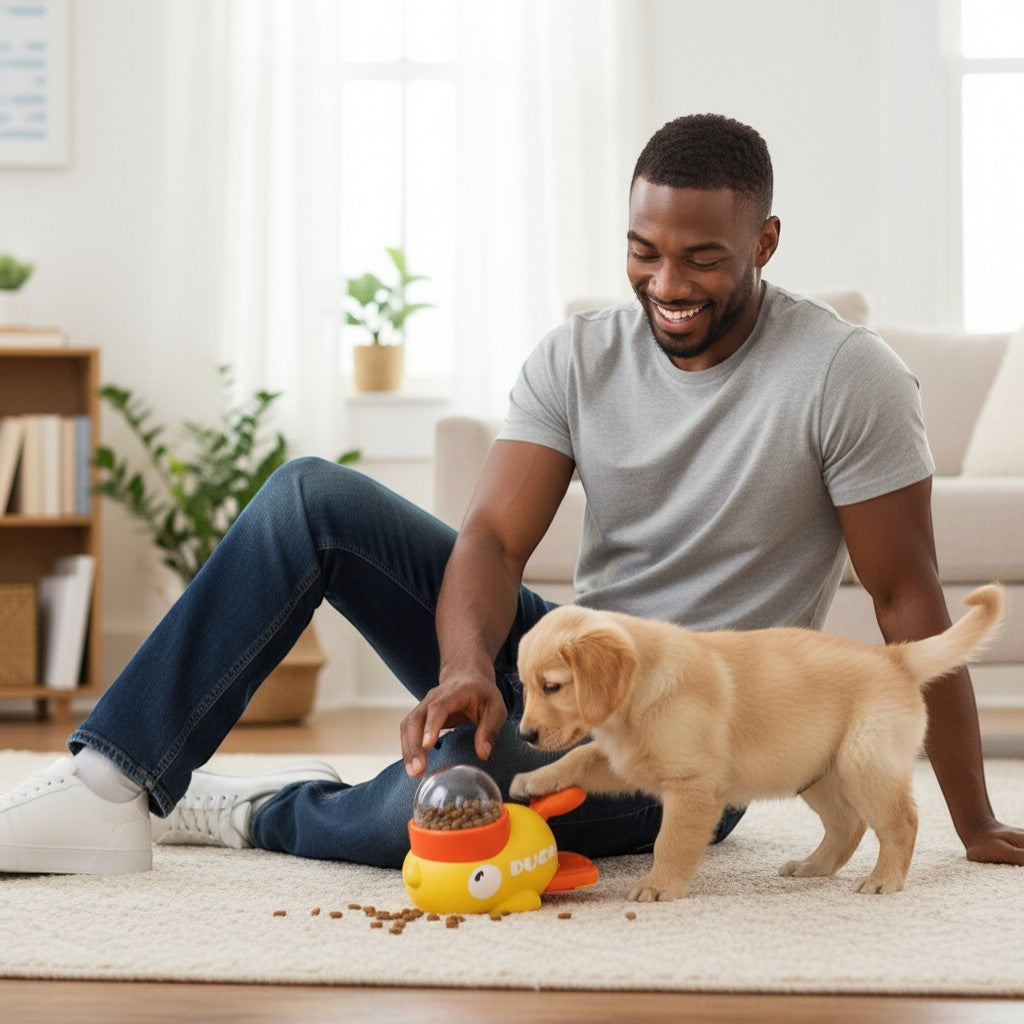 FURRYKU yellow duck dog puzzle feeder, interactive treat dispenser for mental stimulation and slow feeding.