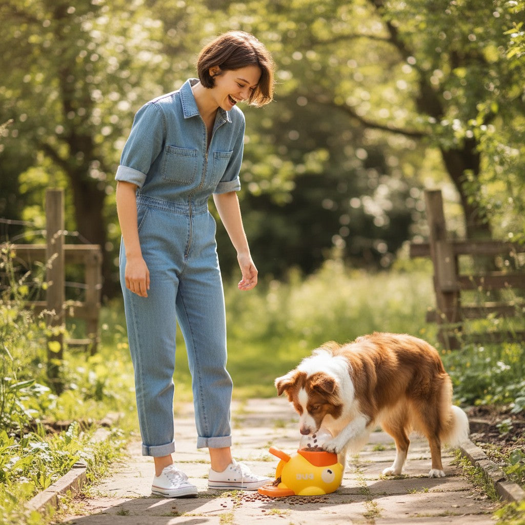 FURRYKU yellow duck dog puzzle toy, interactive treat dispenser for mental stimulation and anti-gulp feeding.