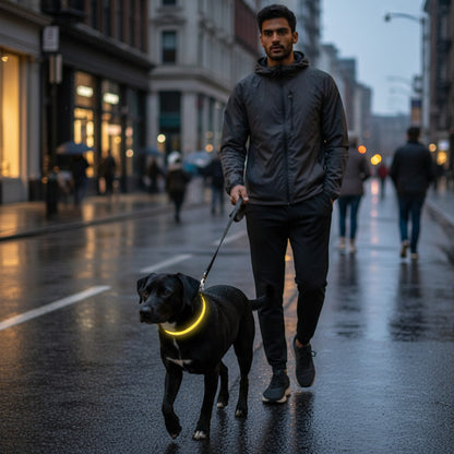 FURRYKU yellow nylon dog collar with reflective trim and solar panel for visibility.