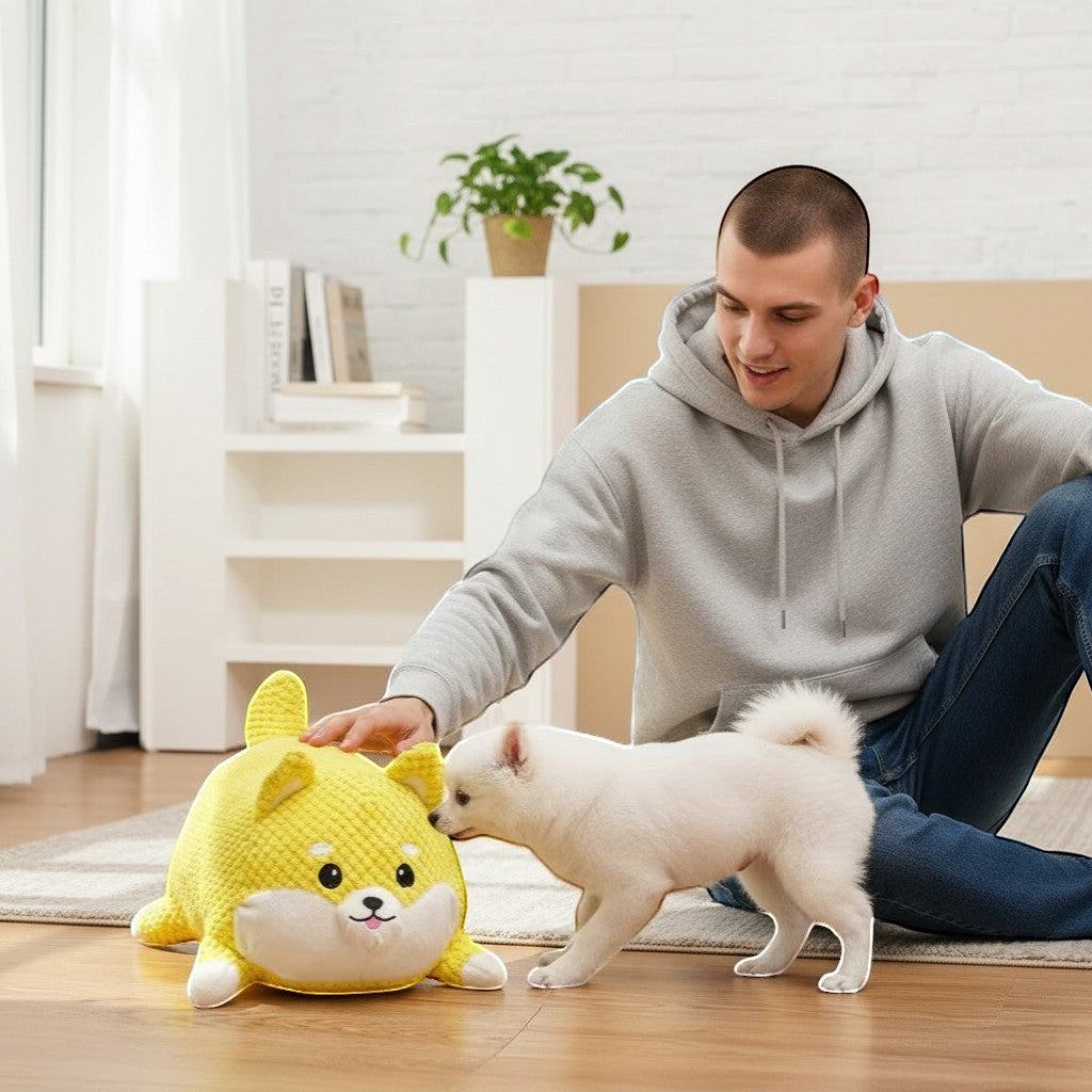 FURRYKU yellow plush dog toy with squeaker, soft, durable, and safe for teething puppies.