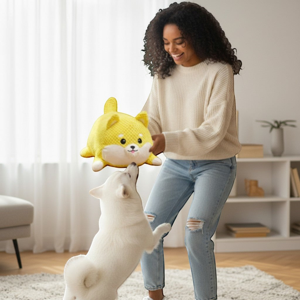 FURRYKU yellow plush dog toy with squeaker, soft, durable, and teething-friendly for anxiety relief.