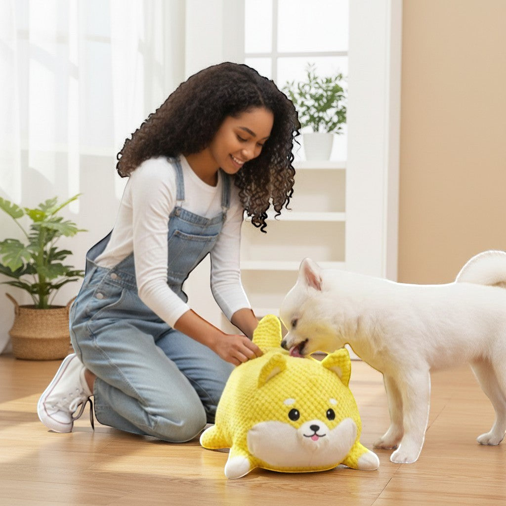 FURRYKU yellow plush dog toy with squeaker, soft, durable, and bite-resistant for anxiety relief and play.