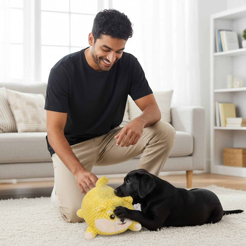 FURRYKU yellow plush dog toy with squeaker, soft, bite-resistant, and teething-friendly for dogs.