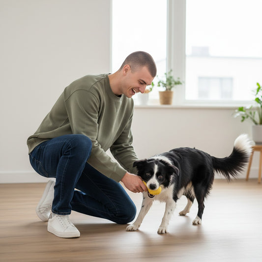 FURRYKU yellow retro mask dog toy made of durable rubber with a squeaker for interactive play and dental cleaning.